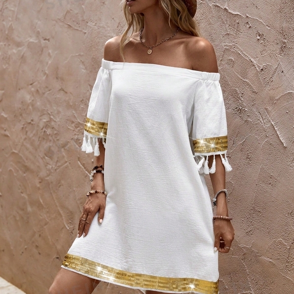 Off Shoulder Tassel Trim Dress - Picture 6 of 6